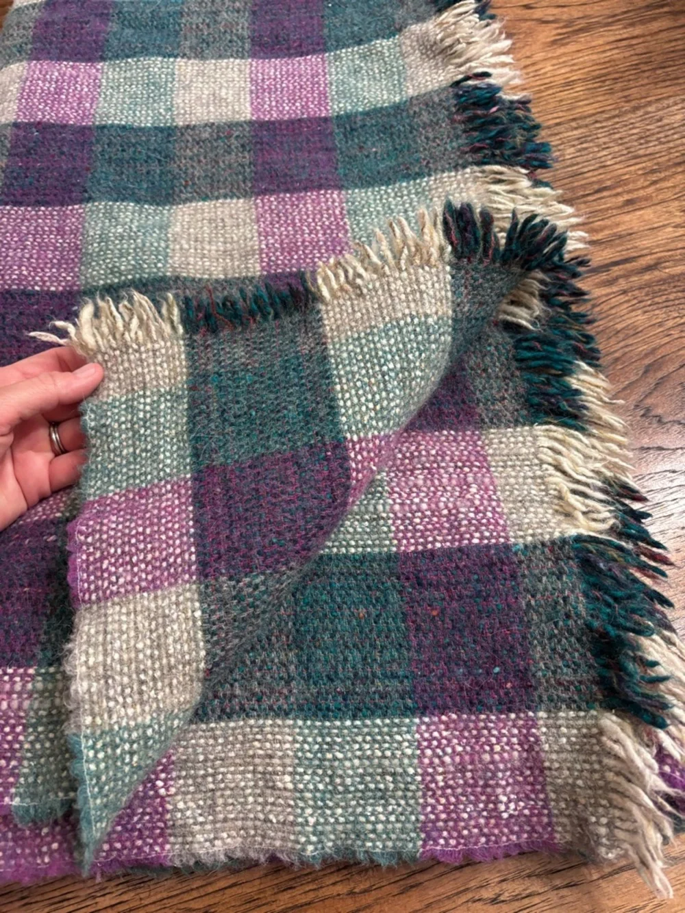 Wool Throw Blanket Purple Teal Cream Plaid Fringe Cabin Cottage 48x60 Vintage